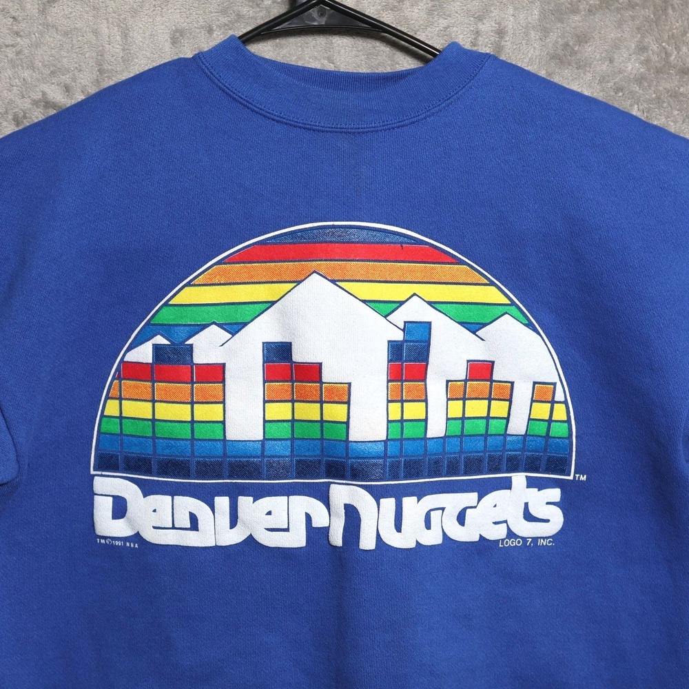 Vintage Denver Nuggets Logo 7 Sweatshirt Men Large Blue NBA Rainbow Skyline 1991